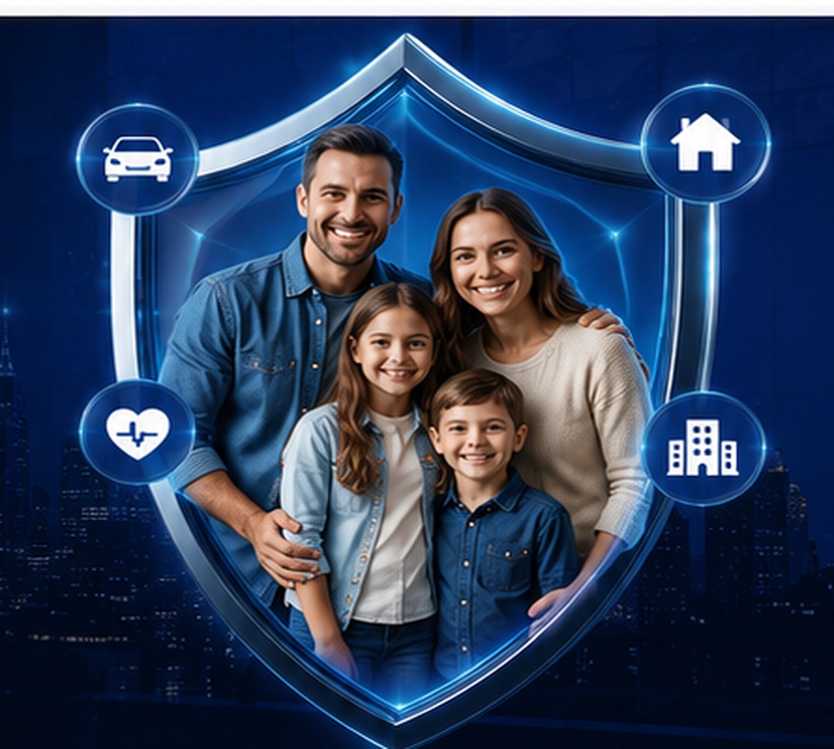 Família representando proteção para carro, casa, saúde e empresa